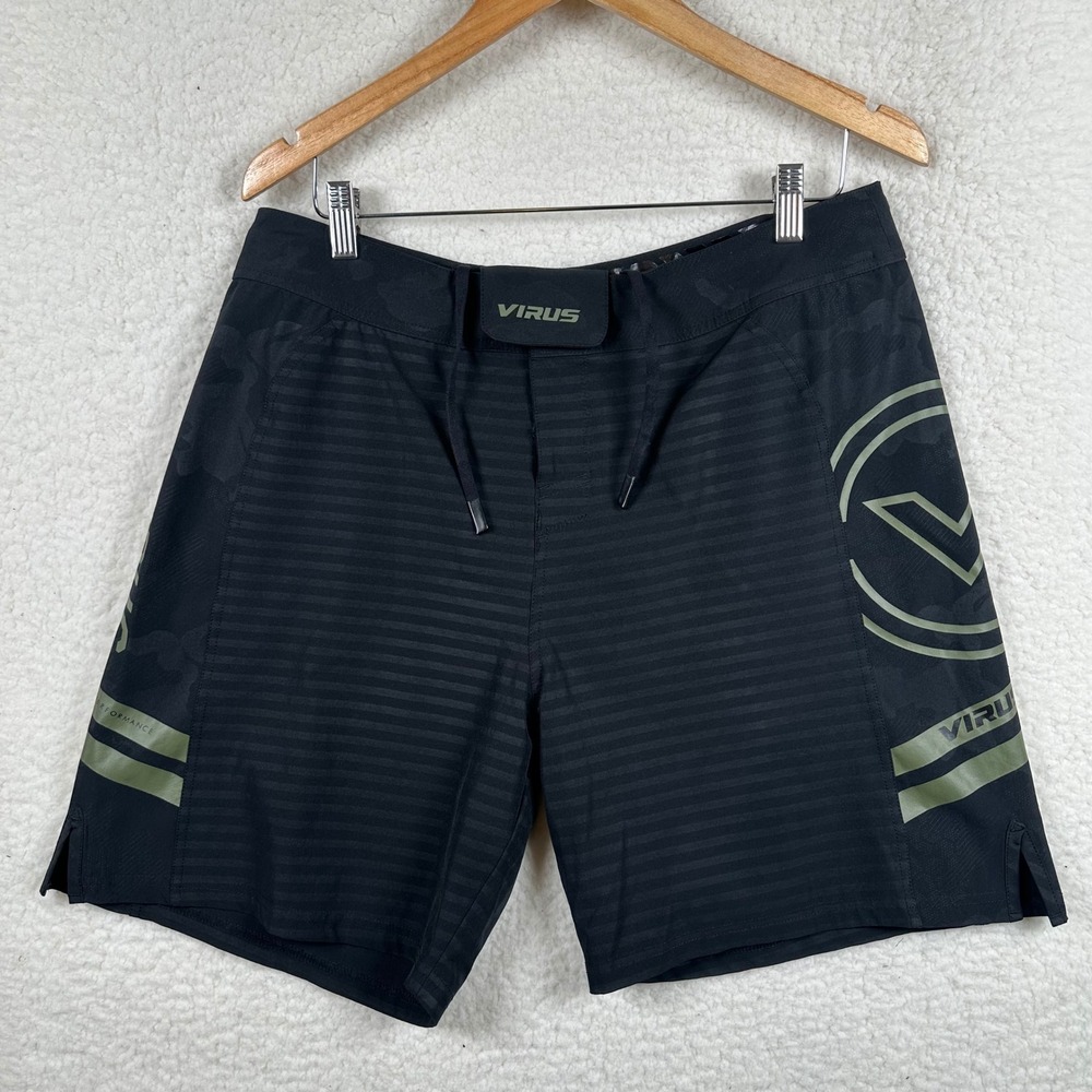 Virus Performance Mens 34 Fit Training Shorts Black Olive Green Camo Striped MMA